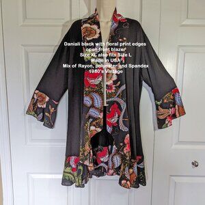 Daniali black with floral print edges open front blazer, Sz XL, also fits Sz L,